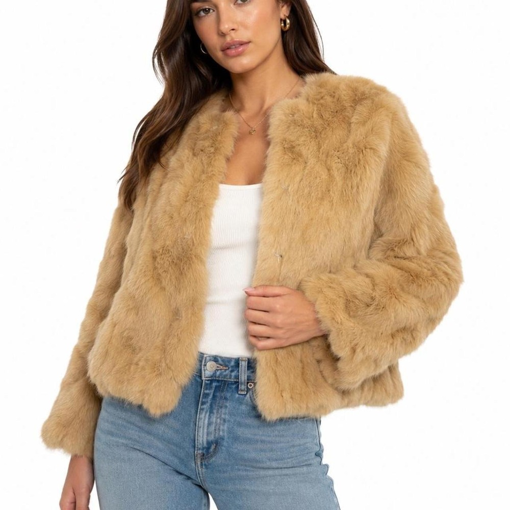 NWT Ethel Genuine Rabbit Fur Jacket Camel Beige Luxury Vintage Glam